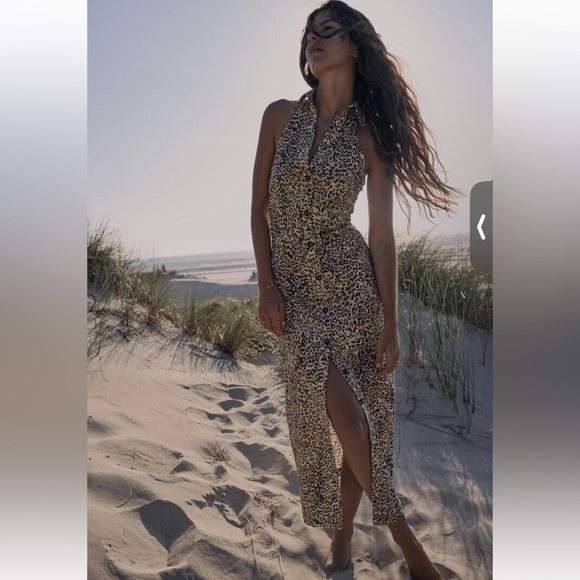 ZARA Linen Blend Animal Print Leopard Halterneck - Picture 1 of 4